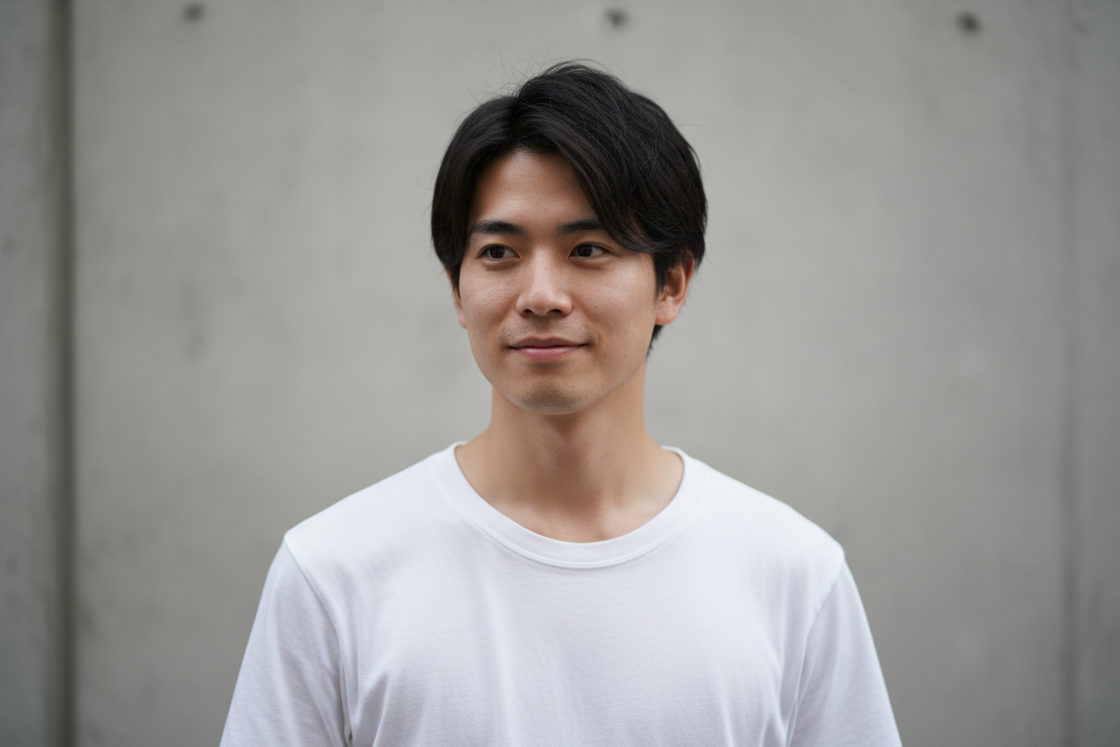 hyper realistic 20 yo japanese male wearing white tee, medium shot