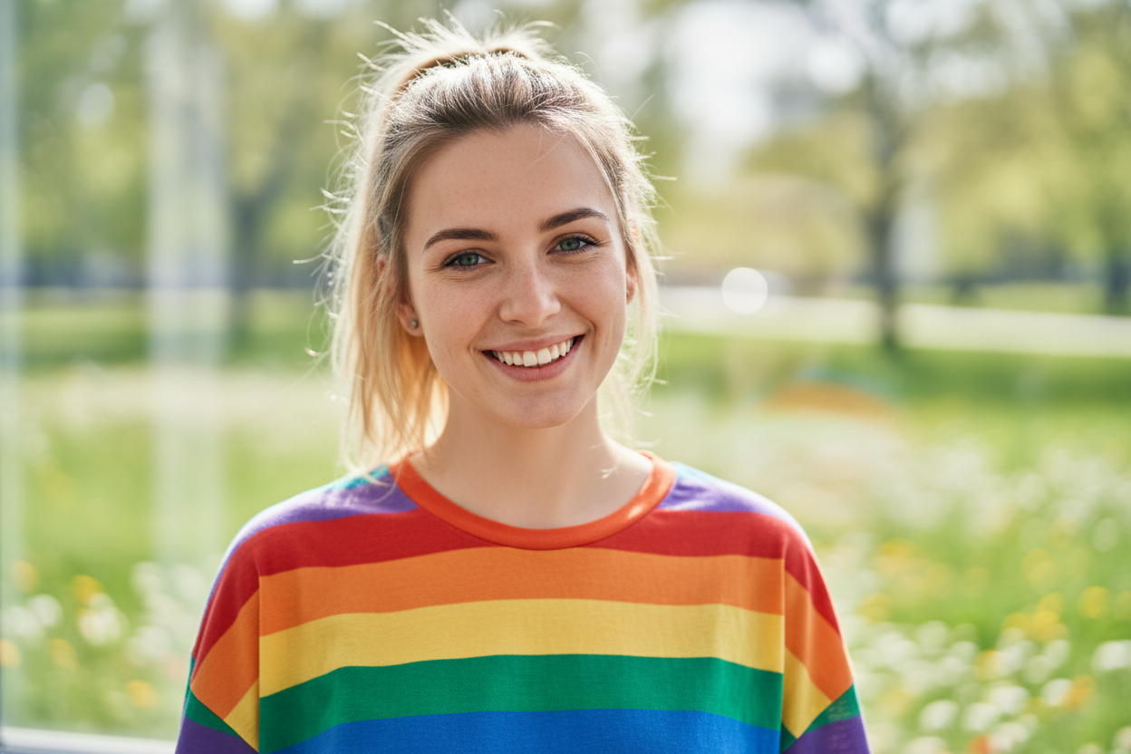hyper realistic 20 yo white female wearing a rainbow tshirt, blond hair, pony tail