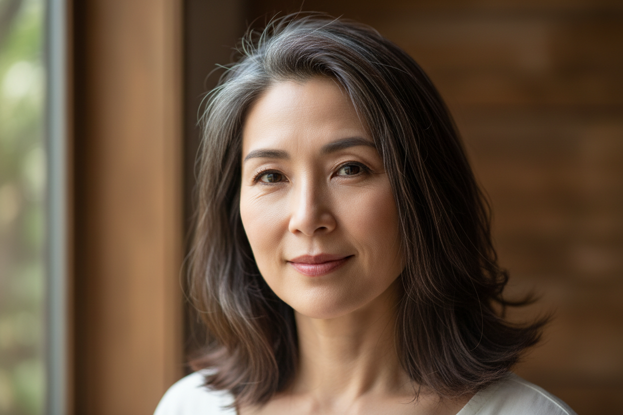 hyper realistic 40 yo asian female with a bit of grey hair, medium shot