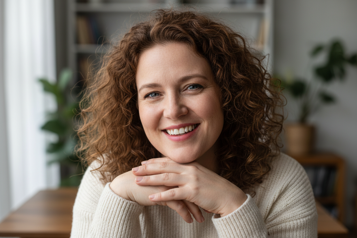 hyper realistic 40 yo white female, curly hair, chubby, brown hair