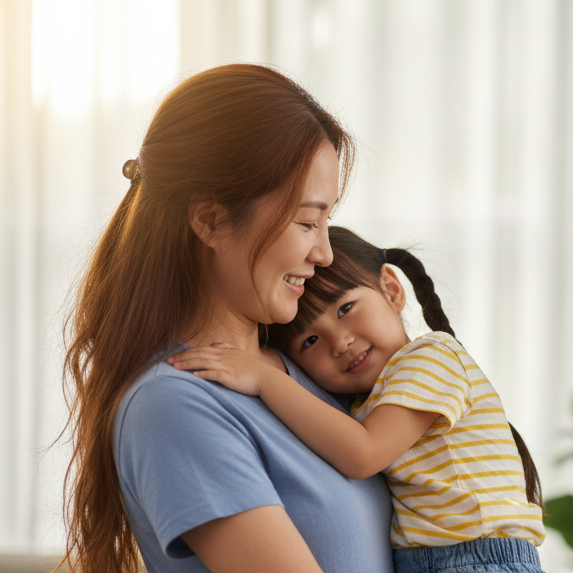 hyper realistic 45 yo asian female wearing tshirt, long hair, carrying a 7 yo daughter
