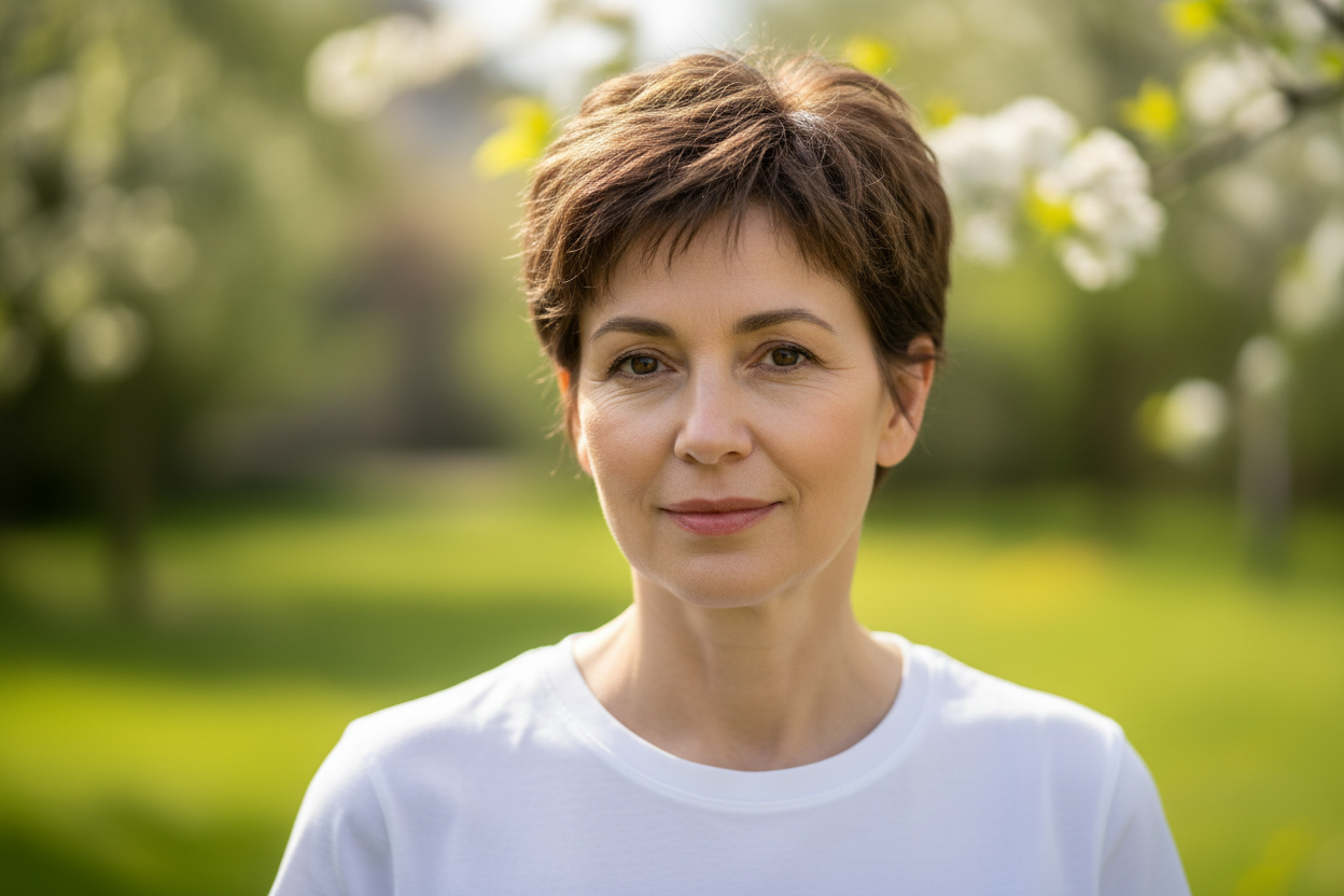 hyper realistic 50 yo white female, short brown hair, wearing white tee, medium shot